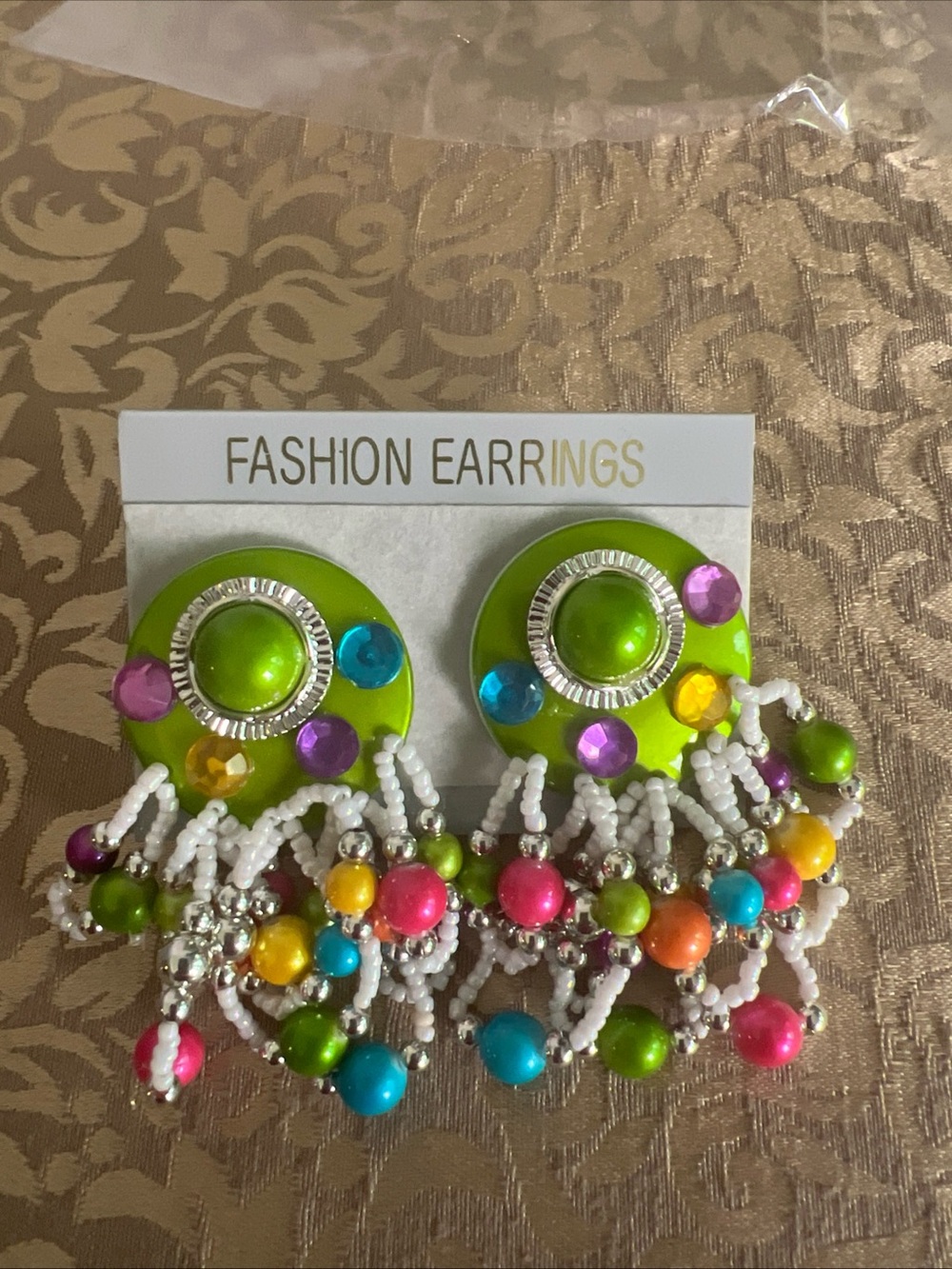 Vintage Ladies Multicolored Beaded Earrings Clip On Fashion Bold Green
